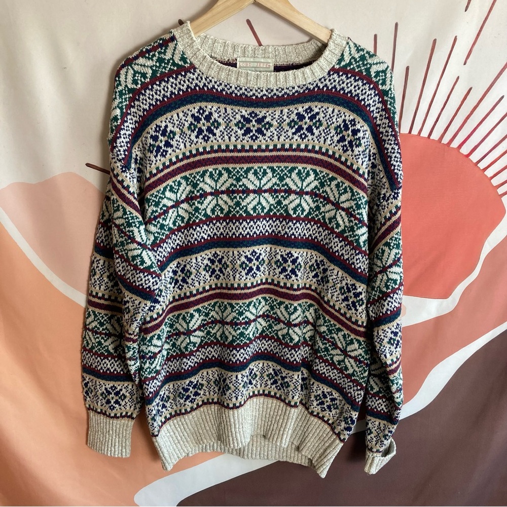 Vintage 80s Lord Jeff Chunky Knit Zig Fine‎ Cotton Jute Sweater USA Made Men L